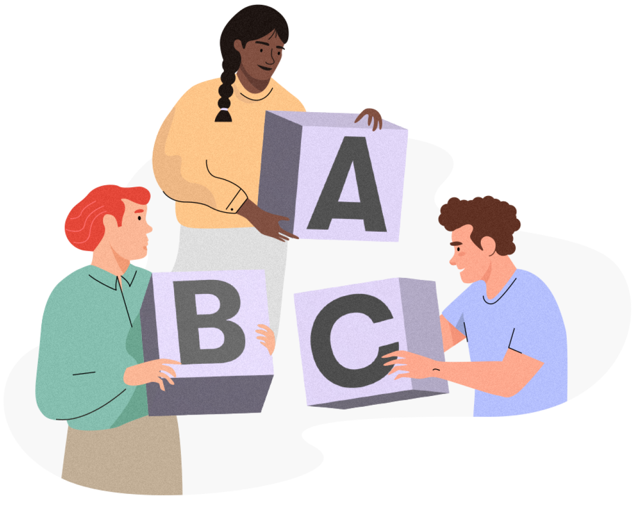 3 people holding A, B and C letters